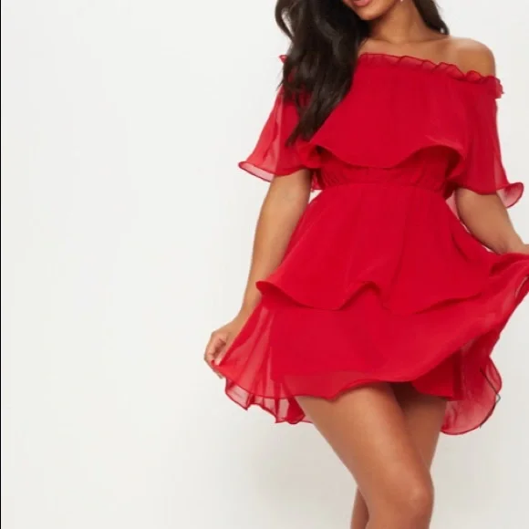 PrettyLittleThing Dresses Bnwt Red Chiffon Bardot Ruffle